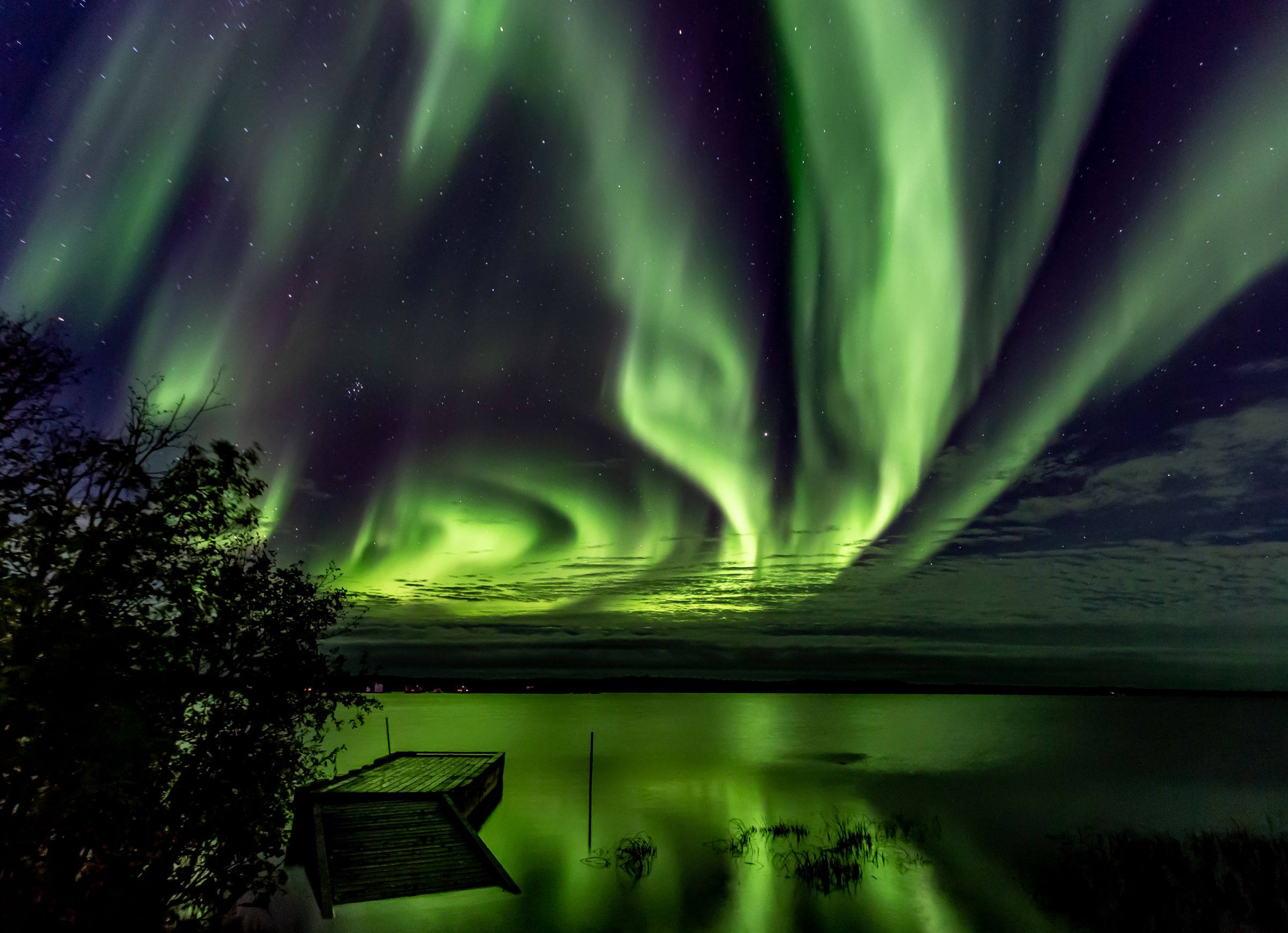 Val Pond photo of the green aurora over Great Slave Lake.